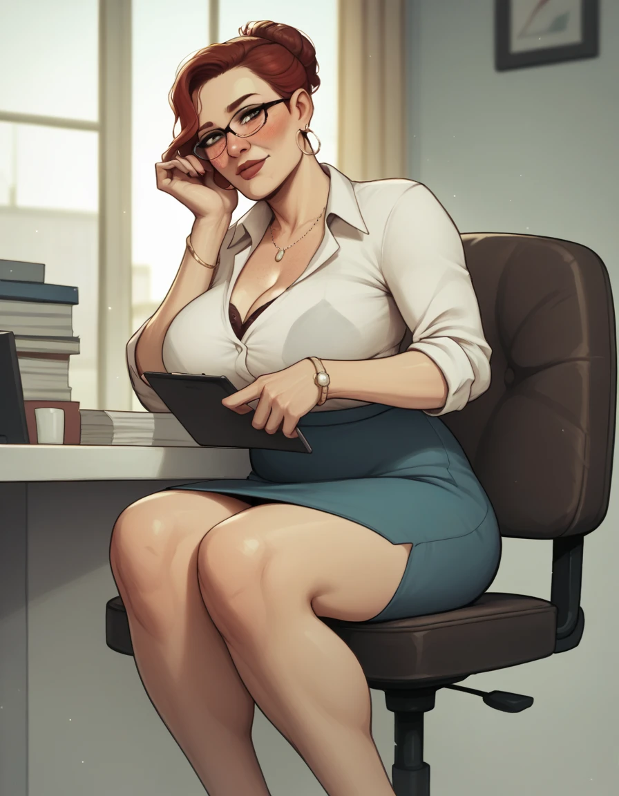 mature businesswoman sitting in office looking at viewer BREAK, score_9, score_8_up, score_7_up, score_6_up, score_5_up, score_4_up, red hair heavy brown reddish freckles blush adn thick hair porcelain pale skin