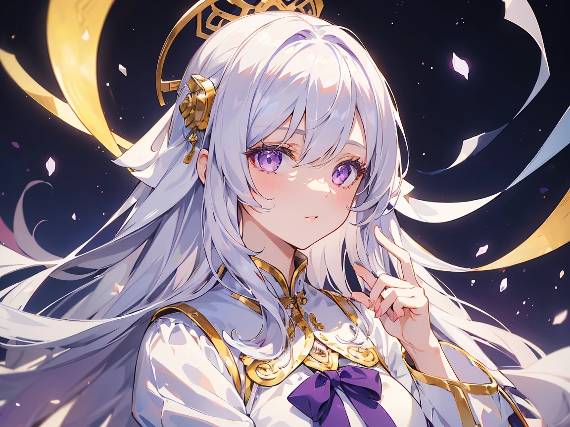 1 female, teacher, Wearing a white dress, White leggings, Gray Hair, Long Hair, Look at the details, Detailed eyes, Light purple eyes, Purple bow tie, A golden crown floating on her head, The background is China&#39;s space