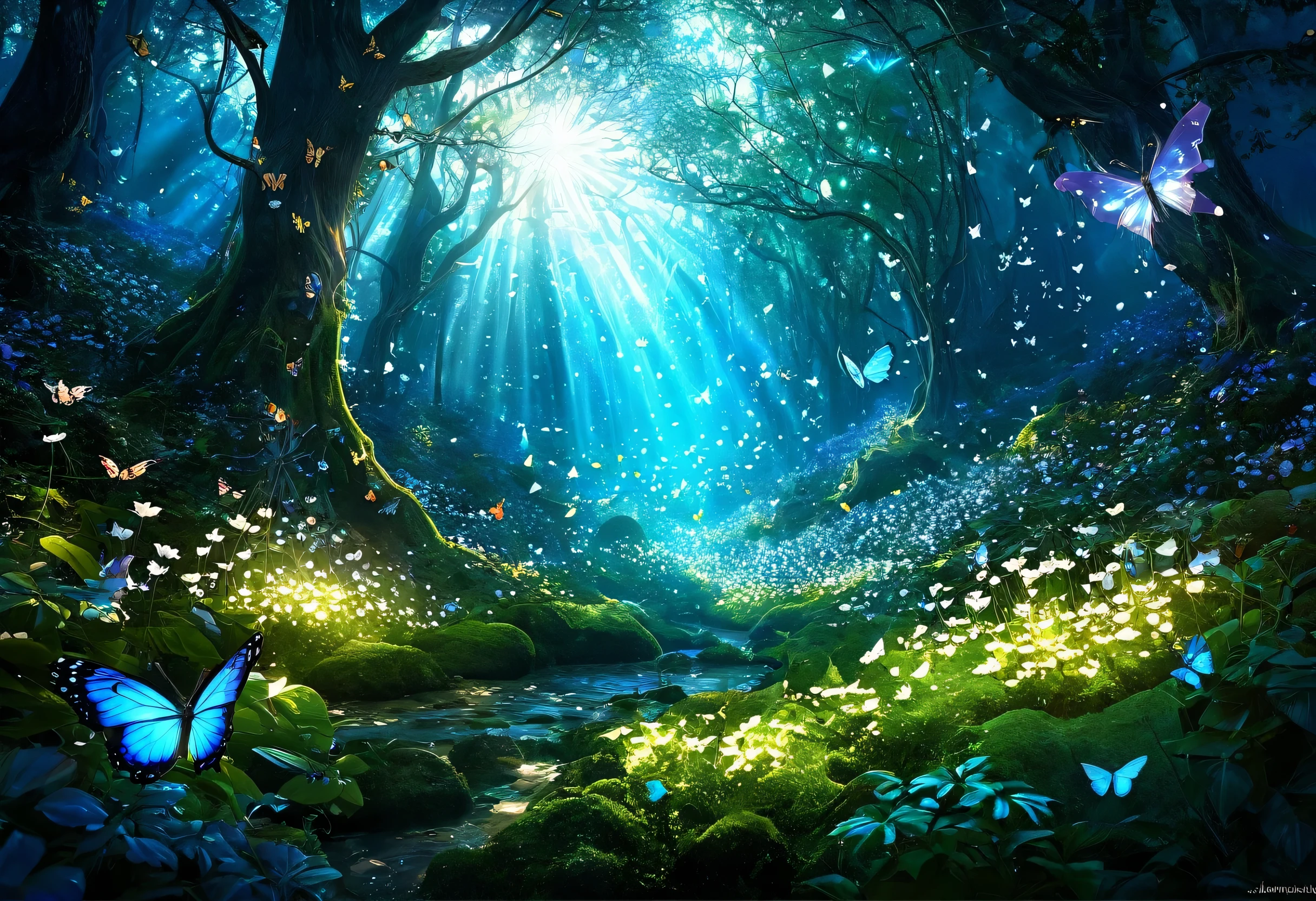 Large, shining flower、Butterflies and cute fairies in the forest、Photo by Jan J., pixiv Contest Winner, Fantasy art, magic Fairy Forest, in a Magical Forest, in the Magical Forest, Fairy-like atmosphere, Magical Forest, Magic Background, magical fantasy forest, Fairy Forest, Magical Forest backround, enchanted magical fantasy forest, Glowing Butterfly, Beautiful fairies, Magical Forest