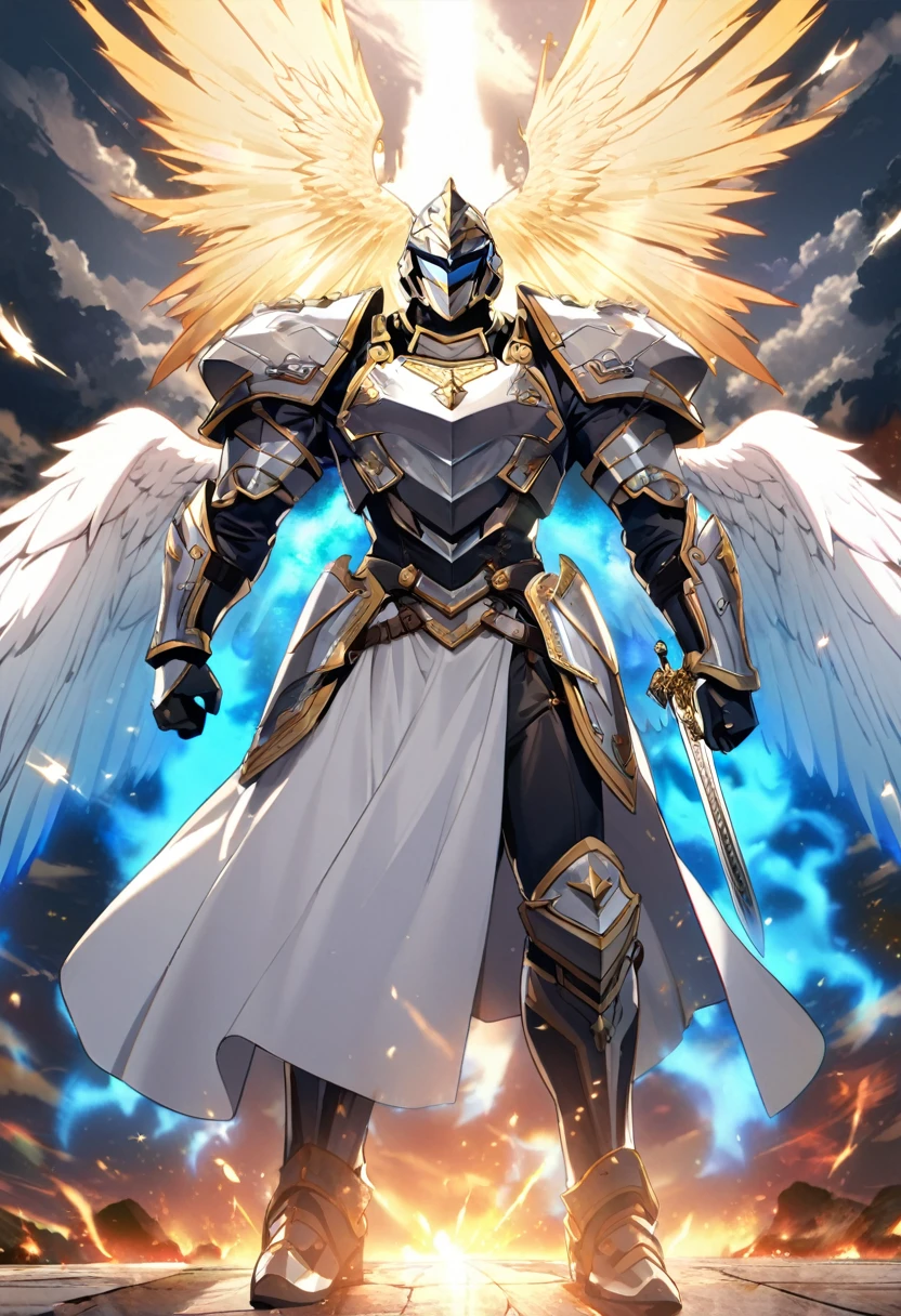 1 male, roman knight, silver arrmor, heaven, aura, cool, sword, magnificent, angel wings