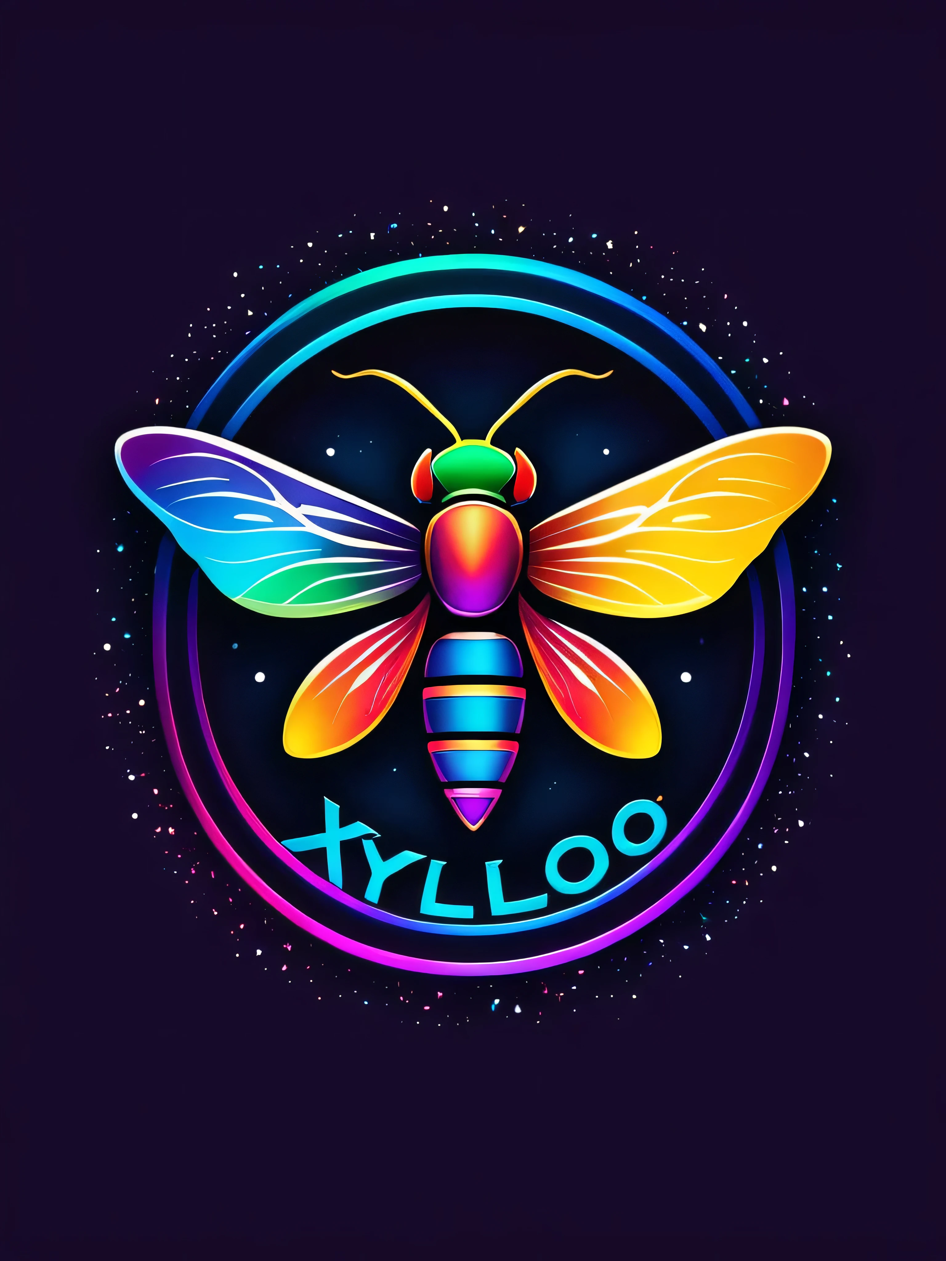 Design a logo titled "XYLO BAND" with vibrant colors resembling a music band logo. Incorporate HDR 4K effects to enhance the brightness and contrast. Include a simple vector of a firefly insect, ensuring it is sleek and modern in design. Surround the firefly with vibrant colors like red, blue, green, yellow, and purple, symbolizing the energy and creativity of a music band. Ensure the composition is dynamic and eye-catching, suitable for a modern and lively brand identity.