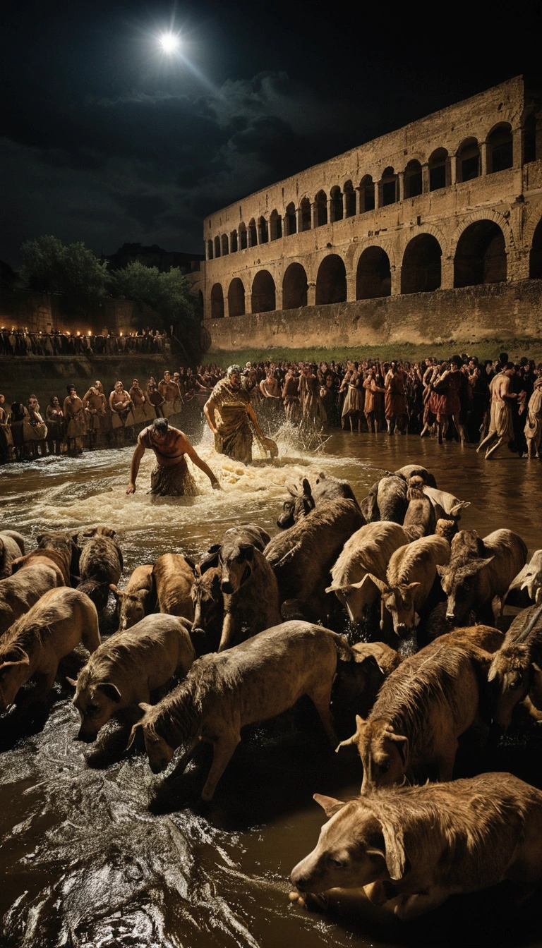 Image is a horrifying scene of the sack being thrown into the river. The sack is partially submerged, with splashes of water and the chaotic movements of the animals inside. The setting is a riverbank with Roman spectators. The lighting is dark and intense, highlighting the brutality of the punishment.