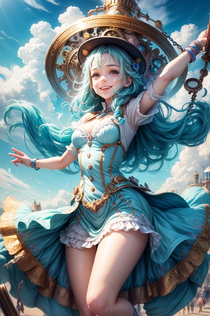 "((Innocent)) Smile, playful escapade, clockwork wonderland, joyous moments frozen in time, ((effervescent clouds)), liquid laughter, vibrant colors, whimsical tales
