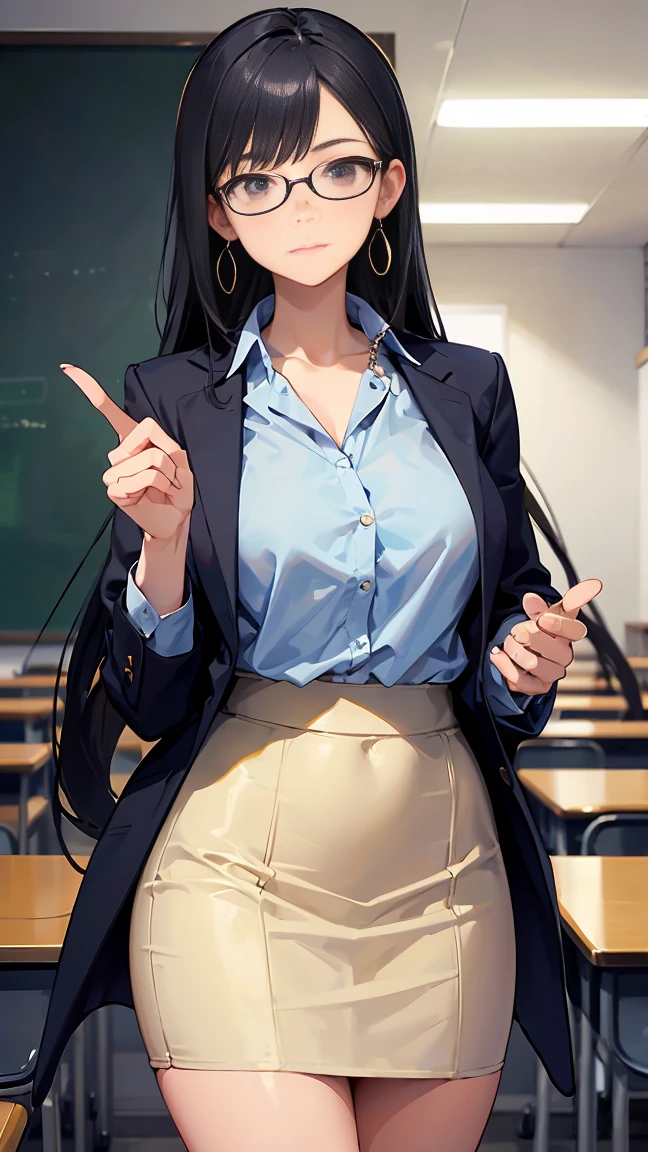 Black Hair, bangs, Hair behind the ear, Very long hair, jewelry, Earrings, masterpiece, Textured skin, Attention to detail, Highest quality, Adult female, High School Teacher, Wearing a jacket, Dark blue suit, White blouse, Tight Skirt, Mature Woman, Good figure, Standing alone in the classroom, in class,Glasses