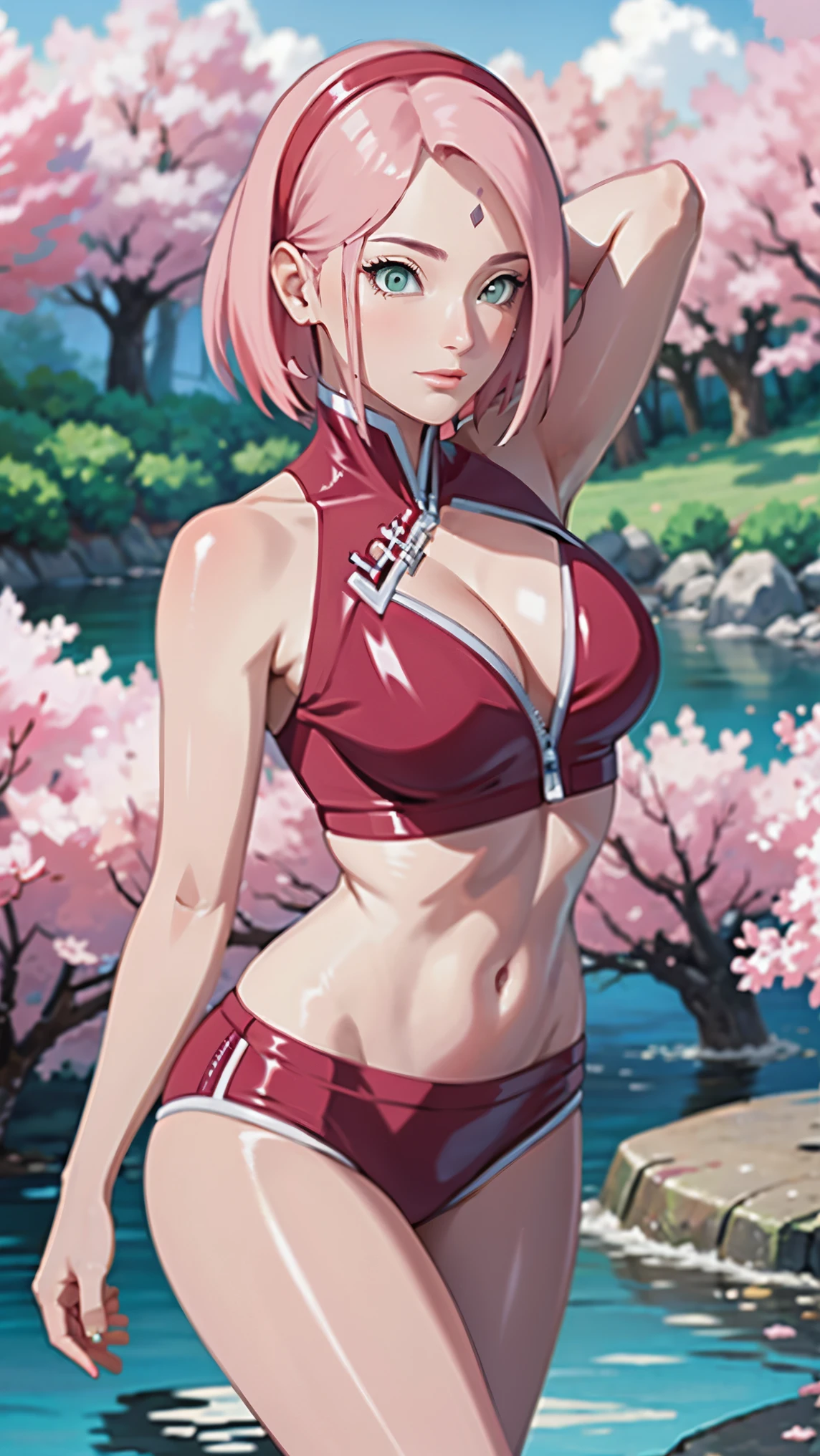 tmasterpiece， Best quality at best， 1girll， Sakura Haruno， Large breasts，（cleavage)，（upperbody closeup)，Raised sexy，is shy，ssmile，with pink hair，short hair， （Green eyeballs:1.4)， Forehead protection， the cherry trees，Cherry blossoms flying，，Zipper half, wearing g-string bikini,    standing in water,    looking straight to viewers