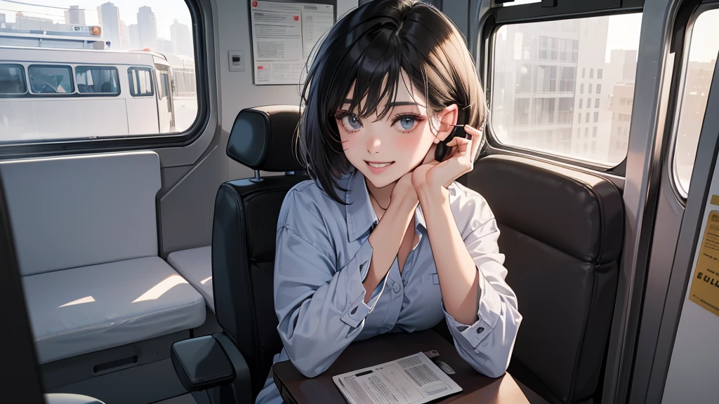 (perfect anatomy:1.2)(absurdres, highres, ultra detailed),masterpiece,best quality,high resolution,8k,Realistic face,Realistic skin texture,magnified textures, stunning clarity,detailed anime girl,(ultra detailed eyes and face),21years old,she is office worker,in te train morinig,vity.,smile,grin]:1.2,black hair, bob cut,natural make,)(1 girl:1.2)grey jacket and pants,white brouse,;light brown sitting near winfows,sparkling eyes.small nose,roundface,She looks happily at her smart phone.Clear morning light、(perfect anatomy:1.2)(absurdres, highres, ultra detailed),masterpiece,best quality,high resolution,8k,Realistic face,Realistic skin texture,magnified textures, stunning clarity,detailed anime girl,(ultra detailed eyes and face),21years old,she is office worker,in the train morinig,city.,smile,grin]:1.2,black hair, bob cut,natural make,grey jacket and pants,white brouse,light look at winfows,sparkling eyes.small nose,roundface,She looks happy, have a one smart phone.Clear morning light、