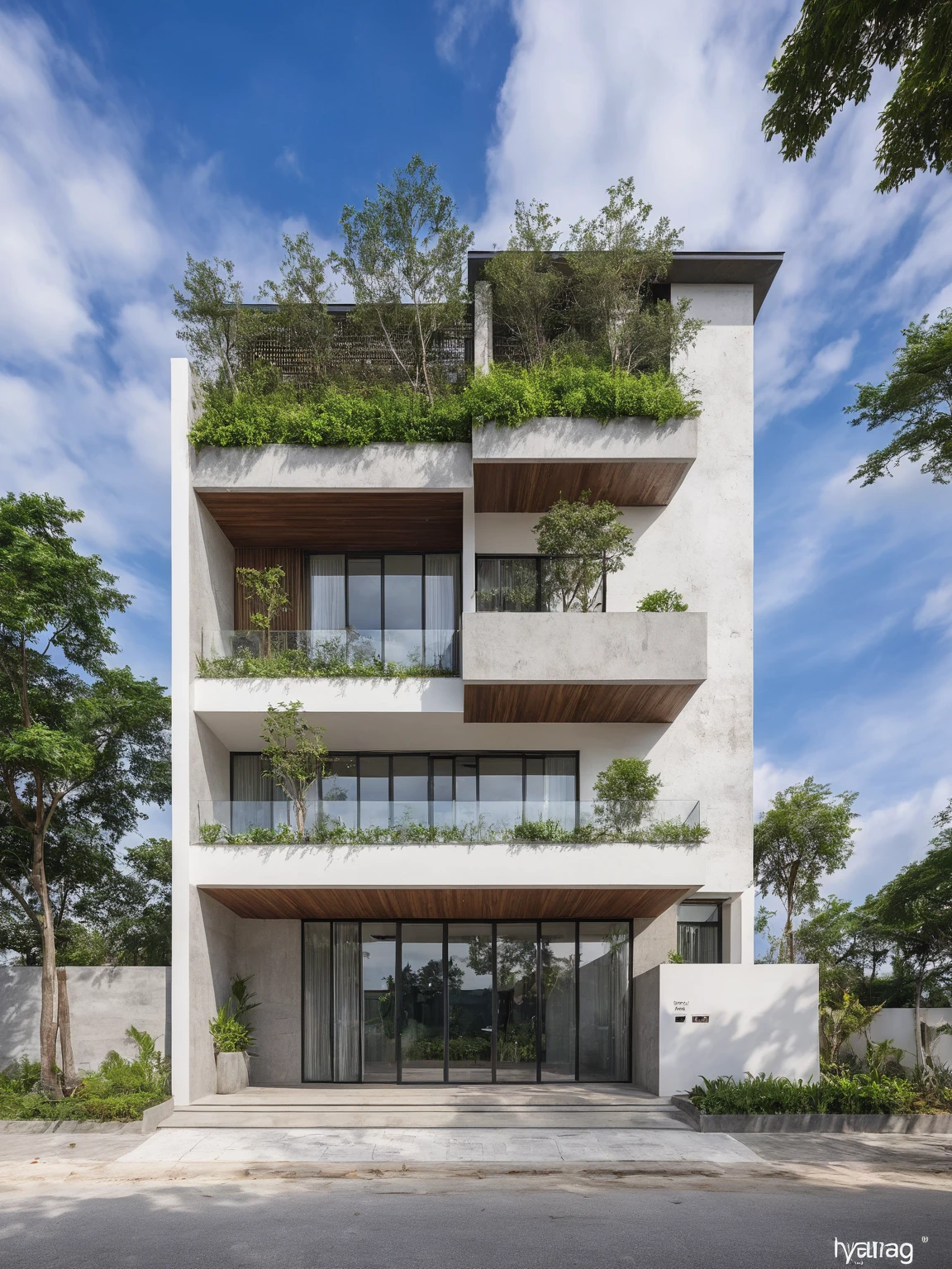 masterpiece, High Quality, best quality, true, super detailed, out side, one-story villa, yay, yaygroup, stone walling, phong cách ngôi nhà hiện đại trên sugar phố, cầu thang, white wall, sugar, pavement, grass, plant, firmament, cloud, (daylight :1.1)