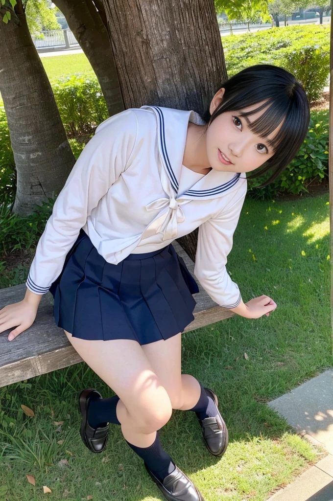 (((masterpiece))), (((Full body photo)))， (Beautiful Japanese Girl, Classmate, Landscape and innocence，cute) ，Ultra-high resolution, Realistic, Ultra-detailed, 8k,Highest quality, Very detailed, Detailed Background,Slender,とてもBeautiful Japanese Girl, Detailed face:1.3), (Very Short Hair，cute髪飾り，Black-haired :1.4), (Baby Face，cute系,Adorable 14 year old girl), (Perfect body:1.1),  (A proper sailor uniform，Dark blue mini skirt、Dark blue high socks、loafers), On the grass in the park，Asking for a smile,show me your beautiful teeth,((Focus on the crotch，Her skirt is rolled up、Panties are visible，The underwear is transparent))，Recall、Sexy pose，Rosy Cheeks，非常にDetailed face、Detailed lips、Detailed eyes、 gravure idol，Clear Skin、Lolita，shade，Under the big tree、(Realistic:1.37)、No makeup，Neutral lighting，((Backward view))、Looking up from the ground