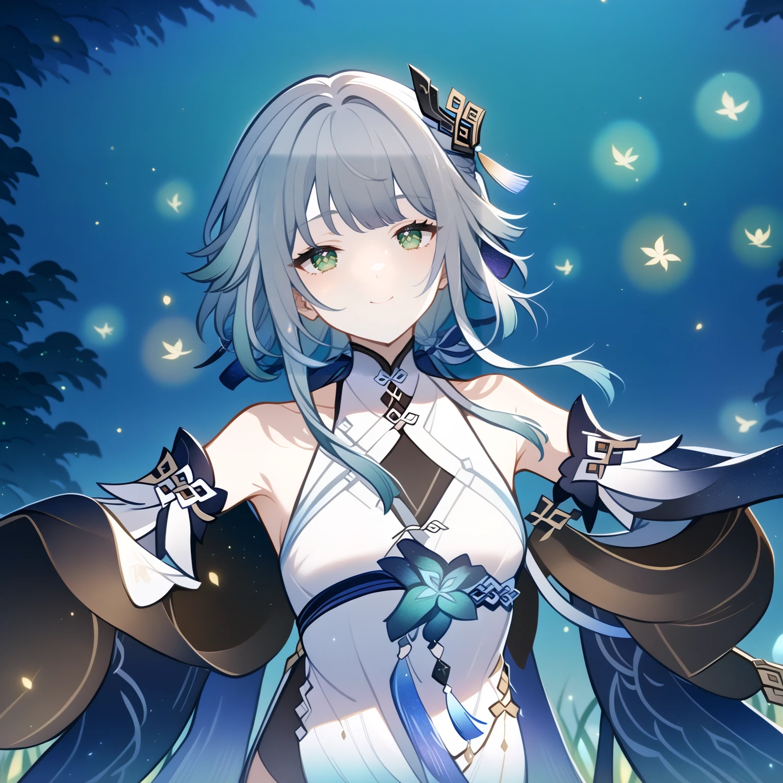 1girl, guizhong_\(genshin_impact\),light grey hair,short_hair_with_long_locks,starry_sky_print,detached_sleeves, long sleeves that drape over hands past fingers,dancing,hanfu,pale green-grey eyes,stunning field of softly glowing blue and white glaze lilies,night scene,gentle smile,moonlight,glossy lips,soft anime coloring,cel shading,smooth, soft dreamy focus,anklet,halter_top,white clothes,highly detailed,digital painting,field of flowers,bare_shoulders,mihoyo,barefoot,cool night tones, magical night scene,masterpiece, best quality, film, bokeh, multicolored light particles,professional, 4k, highly detailed,fireflies,Guardian nebula of rainbow light and silvery vapor,ai-generated,goddess of stardust,realistic:.25,starry_sky,milkyway
