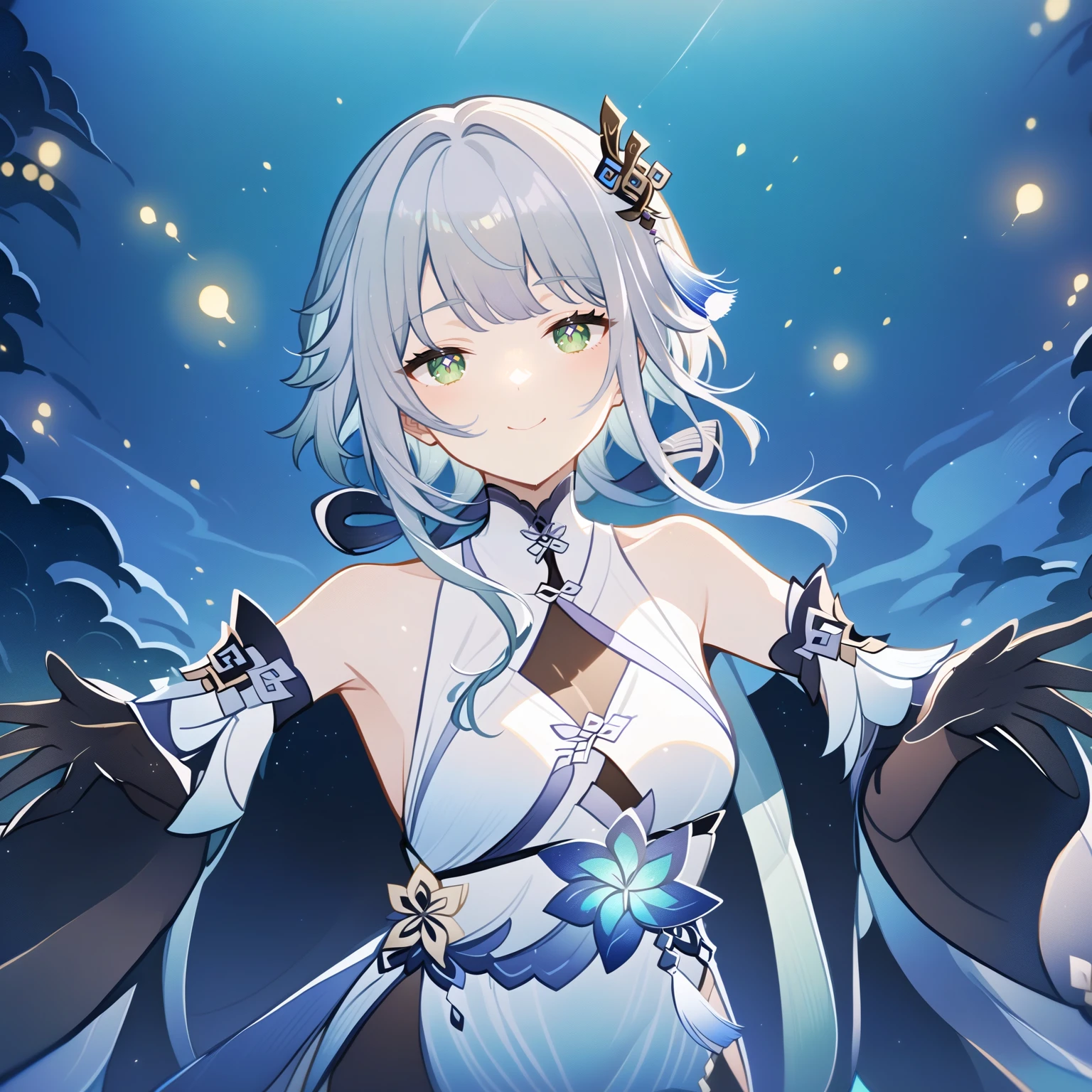 1girl, guizhong_\(genshin_impact\),light grey hair,short_hair_with_long_locks,starry_sky_print,detached_sleeves, long sleeves that drape over hands past fingers,dancing,hanfu,pale green-grey eyes,stunning field of softly glowing blue and white glaze lilies,night scene,gentle smile,moonlight,glossy lips,soft anime coloring,cel shading,smooth, soft dreamy focus,anklet,halter_top,white clothes,highly detailed,digital painting,field of flowers,bare_shoulders,mihoyo,barefoot,cool night tones, magical night scene,masterpiece, best quality, film, bokeh, multicolored light particles,professional, 4k, highly detailed,fireflies,Guardian nebula of rainbow light and silvery vapor,ai-generated,goddess of stardust,realistic:.25,starry_sky,milkyway