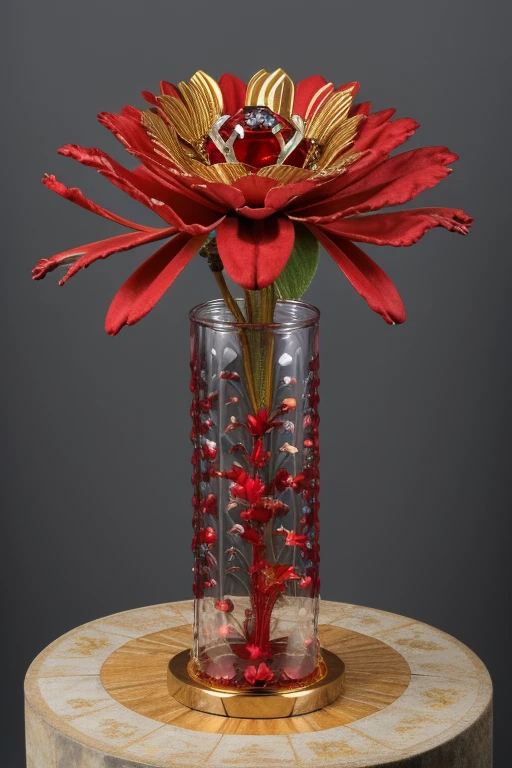 realistic, nature light, Create a flower that represents a golden and scarlet red Dragon boy, with precious stones, water, the flower is linked to a Golden ring that has precious stones,  