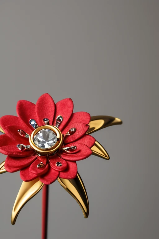 realistic, nature light, Create a flower that represents a golden and scarlet red Dragon boy, with precious stones, water, the flower is linked to a Golden ring that has precious stones,  