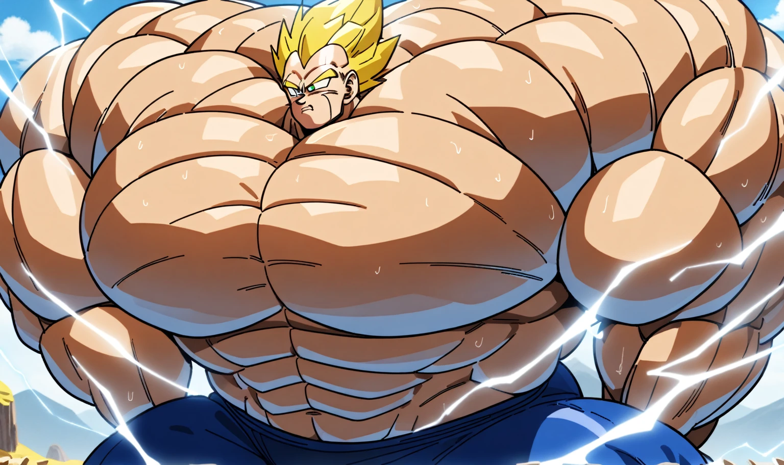 1boy, Vegeta, from Dragon Ball Z, masterpiece, best quality, very aesthetic, absurdres, saiyan, green eyes, spiked hair, (yellow hair:2), shirtless, blue skintight pants, white gloves, (huge muscles:3), dragonballartstyle, in the style of Akira Toriyama, outdoors, flat-top mountains, abs, yellow aura, electricity, (inflated muscles:2.5)