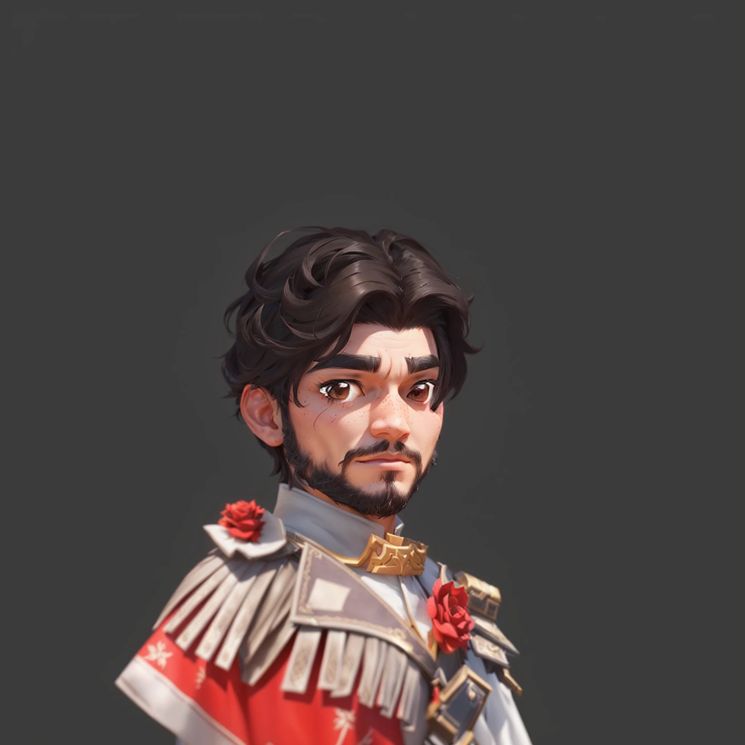 身穿红色服装的man的卡通人物, very detailed character, man，cowboy，Handsome male character,There are two roses on the shoulders and chest， 3D rendering style, Stylized game art, Meticulous portraits of people, Super detailed fantasy characters, Character art, Stylized 3D, Close-up characters, Stylized characters, stylized concept art, high detail iconic character, Stylized portrait, game character