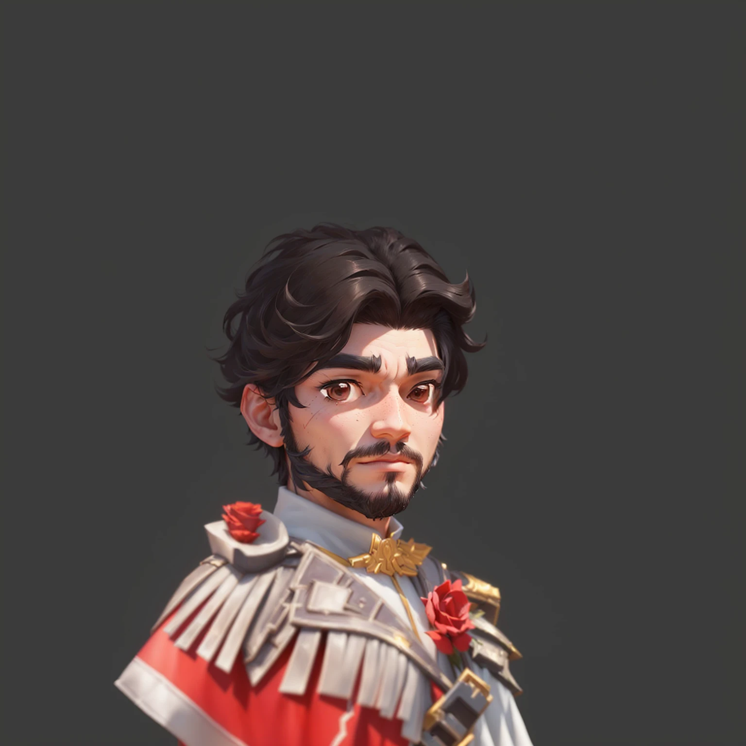 身穿红色服装的man的卡通人物, very detailed character, man,cowboy,Handsome male character,There are two roses on the shoulders and chest, 3D rendering style, Stylized game art, Meticulous portraits of people, Super detailed fantasy characters, Character art, Stylized 3D, Close-up characters, Stylized characters, stylized concept art, high detail iconic character, Stylized portrait, game character
