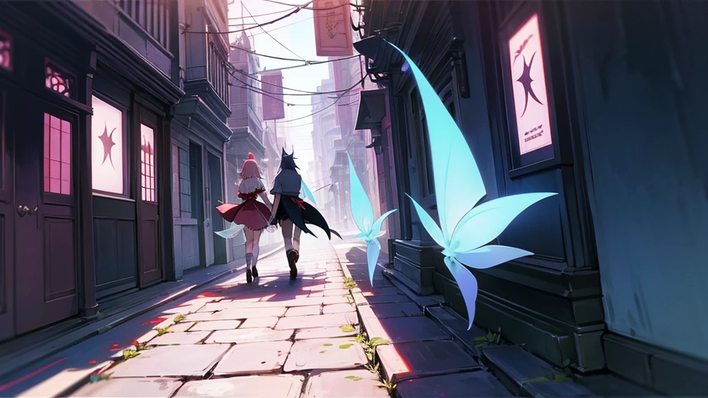 fairy and vampire walking trough the streets, anime style, we see them from behind