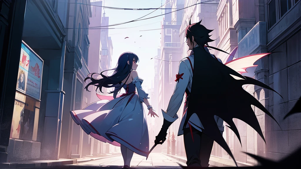 fairy and vampire walking trough the streets, anime style, we see them from behind
