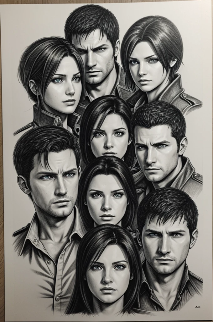 Draw an image divided into 4, where they come out: Leon S Kennedy, chris redfield, claire redfield y jill valentine, with pencil drawing style 