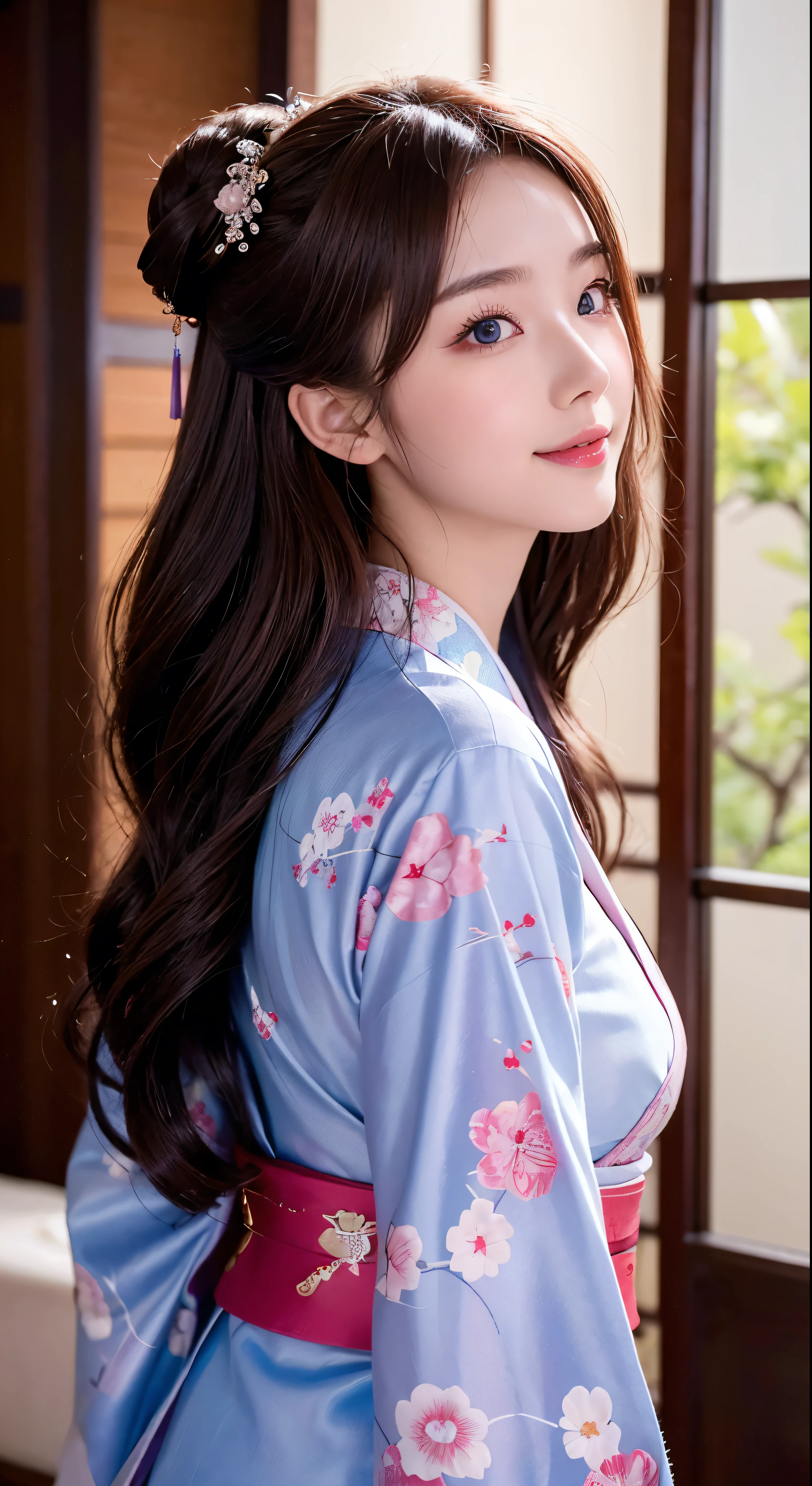 masterpiece、Highest quality、16k uhd、 Zuo in a kimono in a Japanese-style room々Nozomi、One person、Enchanting、Provocative Gaze、blush、Open Mouth Smile、Flowing kimono、Brown hair cascading down her back、Blue eyes sparkling with admiration、Her long hair flows gently back