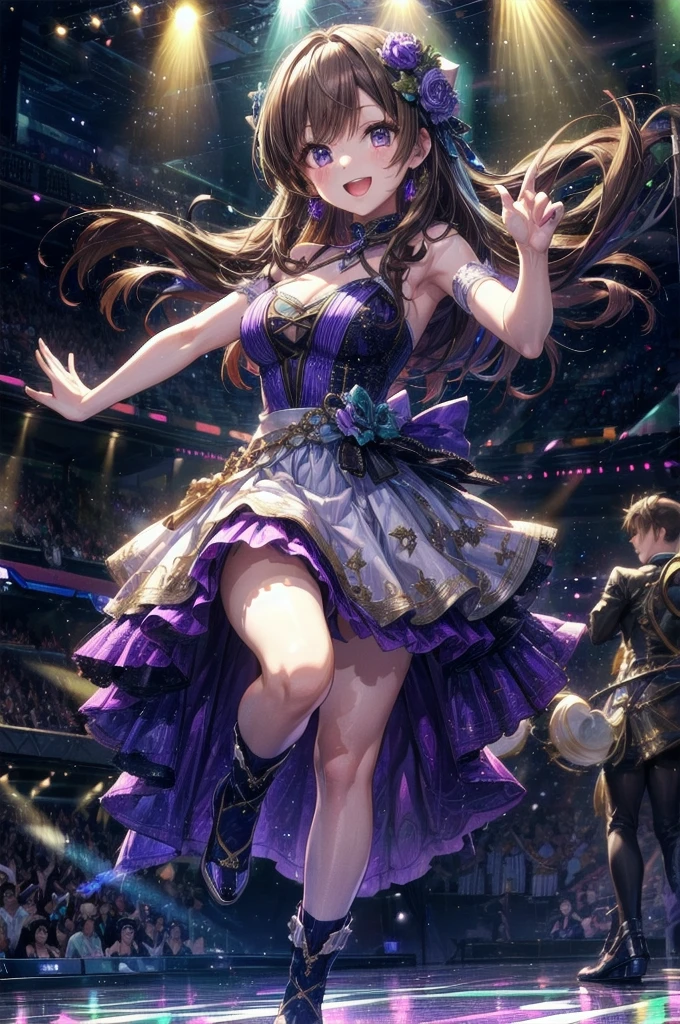 Highest quality、Complete limbs、Full Finger、Slender beauty、Straight hair、Brown Hair、Deresute、green, White and purple idol costume、Knee-high socks、Beautiful big 、Live Stage、sing、Dancing、Big smile