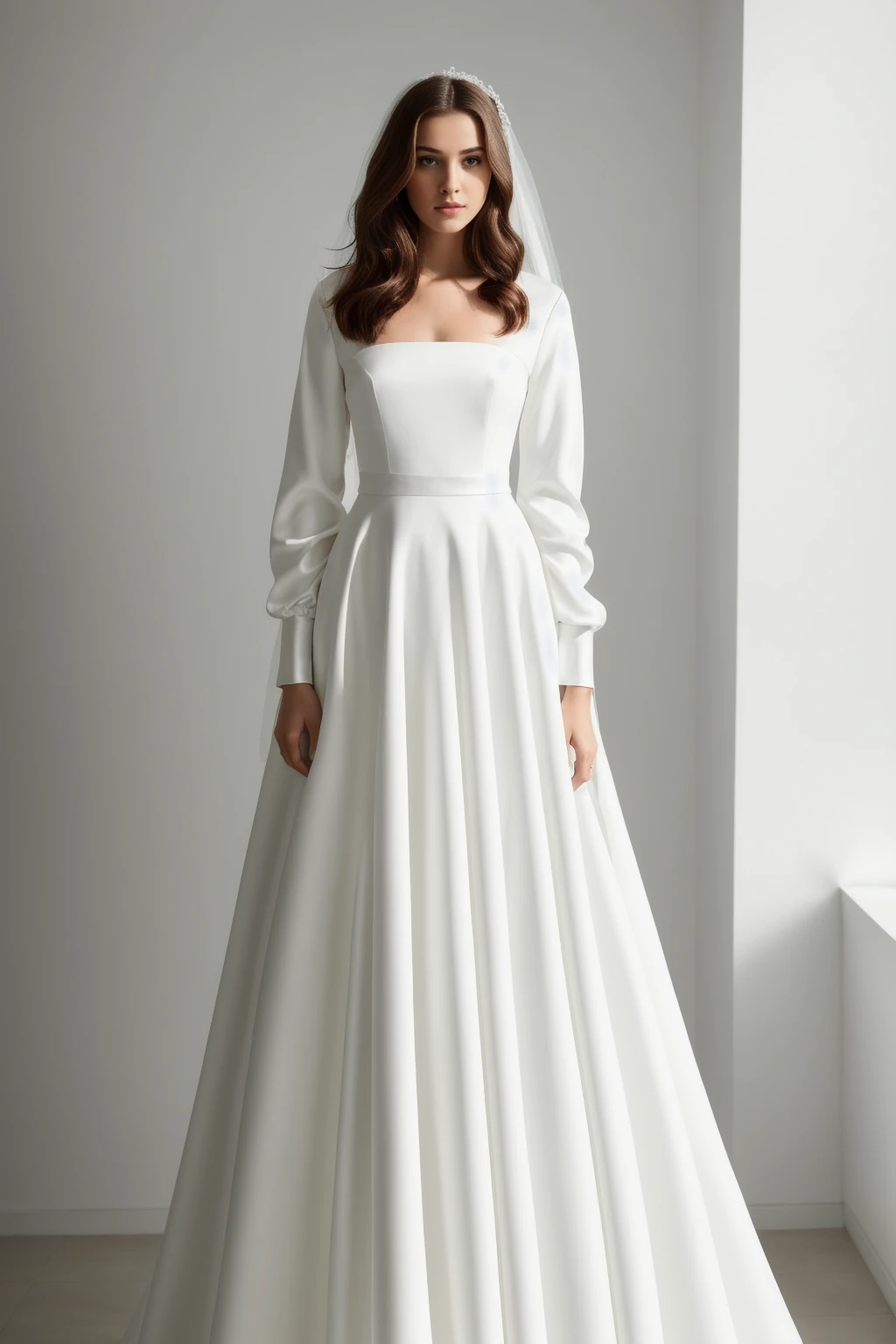 Best quality, 8k, 32k, Masterpiece, Masterpiece, (Photorealistic: 1.4), RAW photo, ultra realistic, 1girl, Fashion model, Wearing a long sleeves wedding dress, satin fabric, full length view, pose Stand upright in white room with a minimalist design, featuring white walls and a clean, modern aesthetic.