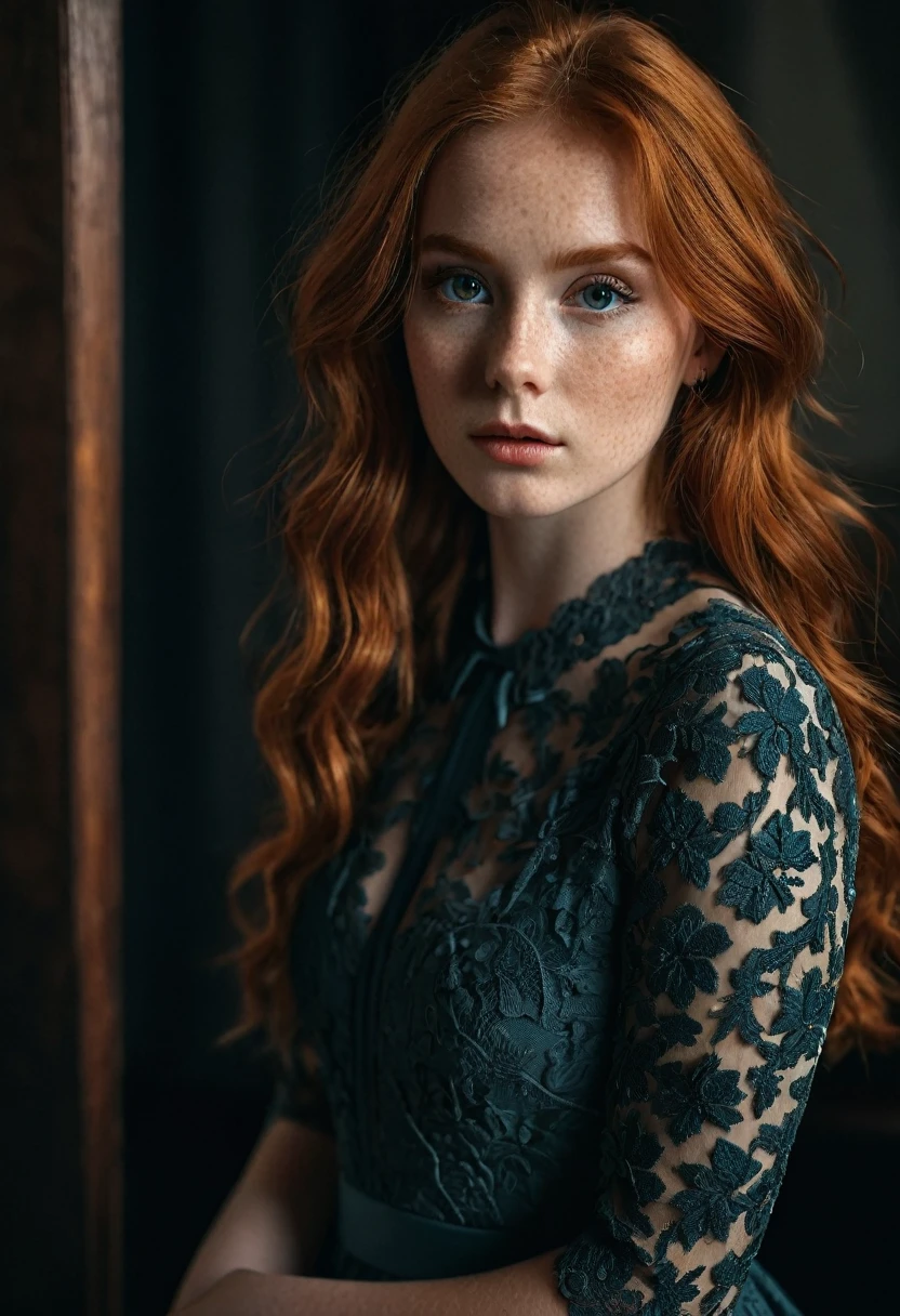 (8k, raw photo, of the highest quality), beautiful girl, close up, dress, (detailed eyes:0.8), challenge512, (looking to the camera:1.4), (of the highest quality), (best shadow), intricate details, interior, redhead:1.3, dark studio, muted colors, parts