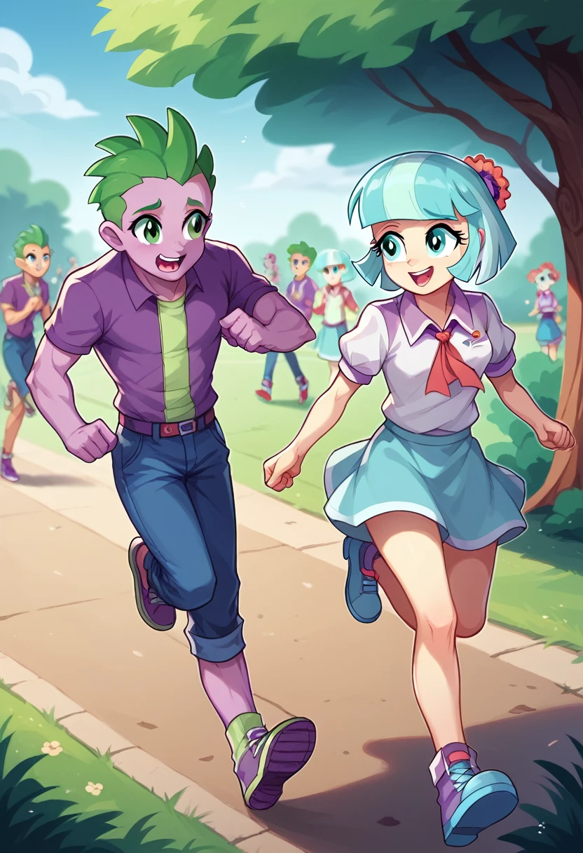 Coco Pommel is running after Spike, One girl, one boy, at the park, Coco Pommel and Spike Equestria Girls, Coco Pommel and Spike, cuerpo completo, high resolusion
