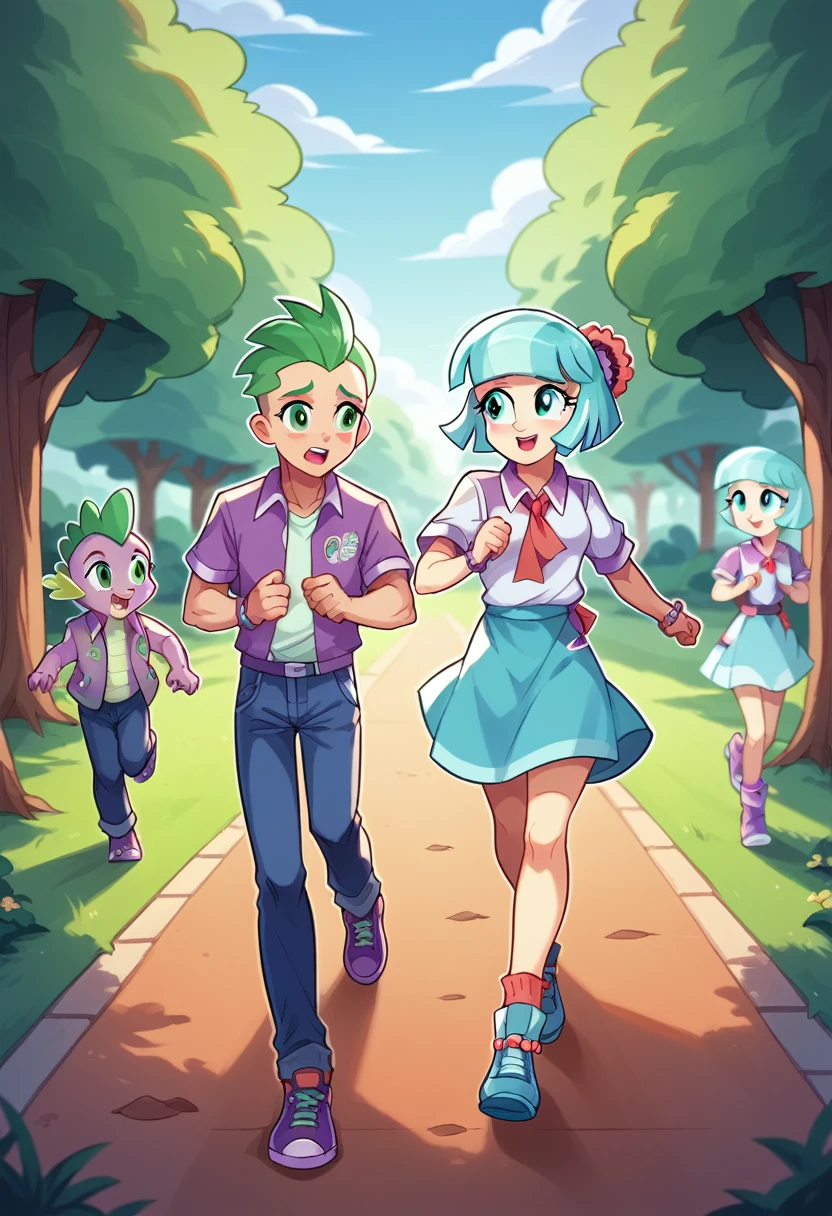 Coco Pommel is running after Spike, One girl, one boy, at the park, Coco Pommel and Spike Equestria Girls, Coco Pommel and Spike, cuerpo completo, high resolusion