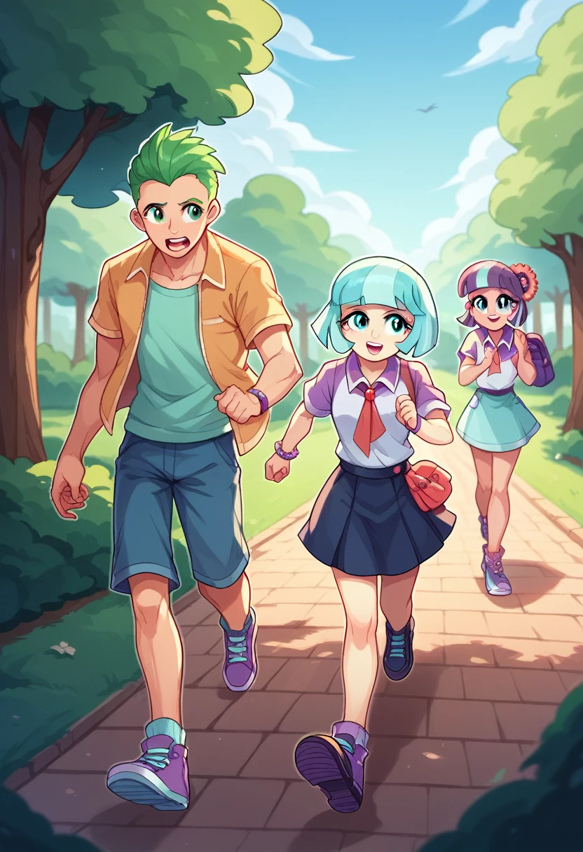 Coco Pommel is running after Spike, One girl, one boy, at the park, Coco Pommel and Spike Equestria Girls, Coco Pommel and Spike, cuerpo completo, high resolusion 