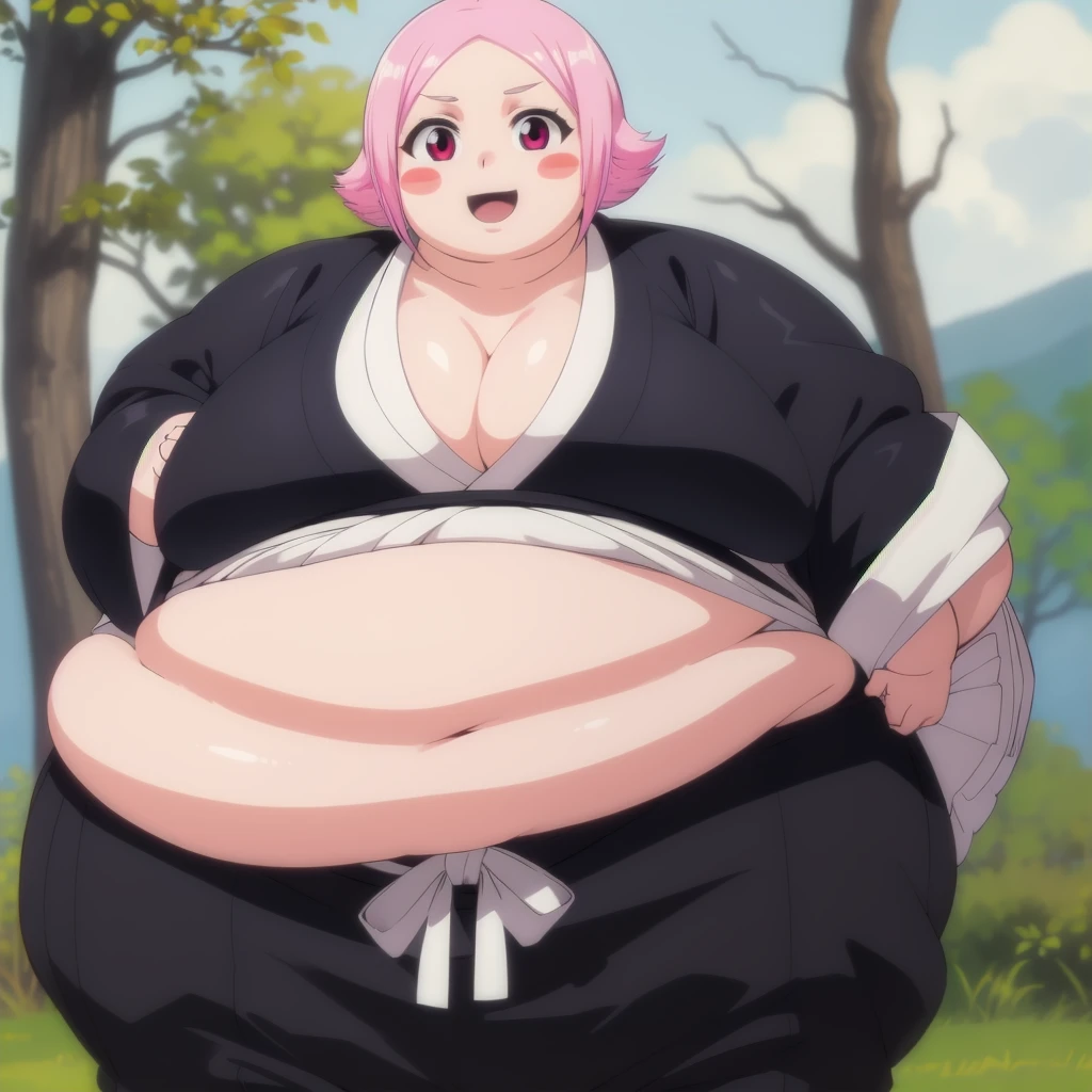 yachirukusajishi, yachiru kusajishi, short hair, pink hair, (pink eyes:1.5), blush stickers, open mouth, forehead,
BREAK long sleeves, japanese clothes, hakama, black hakama,
BREAK outdoors,
BREAK looking at viewer, (cowboy shot:1.5),
BREAK (masterpiece:1.2), best quality, high resolution, unity 8k wallpaper, (illustration:0.8), (beautiful detailed eyes:1.6), extremely detailed face, perfect lighting, extremely detailed CG, (perfect hands, perfect anatomy), standing, smile, blush, solo, 1girl, SSBBW yachiru kusajishi, big cheeks, ssbbw, severely obese ,600lbs obese female, no pupils, ultra detailed, masterpiece, best quality, aesthetic, detailed, Fluffy and Fat Face, Big Butt, Big Cheeks, Obese Body, Sexy, Obese Girl, Happy, Cute Expression, Very Hot, bbwchan, nsfw art, manhwa, oppai proportions, she has a jiggly fat round belly, body swelling about to explode, thicc, with a large breasts, doujin, very thick thighs, obese arms, obese belly, big cheeks, Slob body