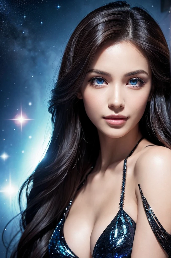 A sultry 27-year-old woman fills the frame, her gaze direct into the lens as she smizes, revealing full lips curved into a mischievous grin. Piercing blue eyes seem to gleam with mischief, head tilted forward showcasing luscious locks and chiseled features. Her statuesque figure, boasting tantalizing measurements, is highlighted against a breathtaking galaxy backdrop, its stars twinkling like diamonds against the inky blackness.