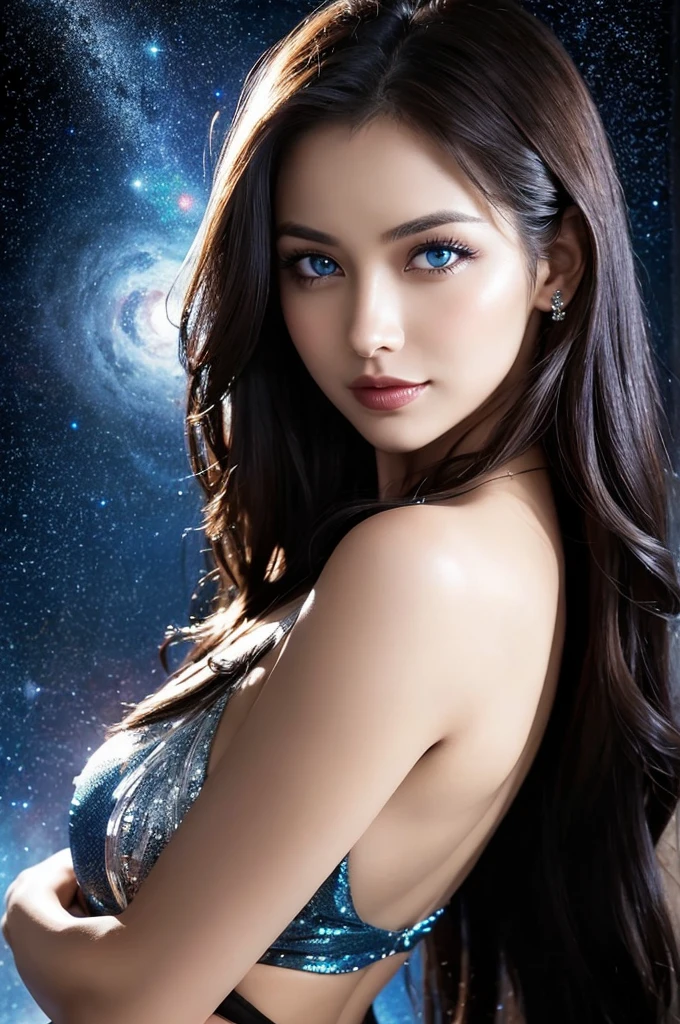 A sultry 27-year-old woman fills the frame, her gaze direct into the lens as she smizes, revealing full lips curved into a mischievous grin. Piercing blue eyes seem to gleam with mischief, head tilted forward showcasing luscious locks and chiseled features. Her statuesque figure, boasting tantalizing measurements, is highlighted against a breathtaking galaxy backdrop, its stars twinkling like diamonds against the inky blackness.