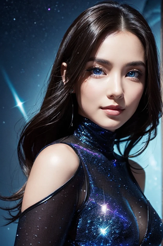 A sultry 27-year-old woman fills the frame, her gaze direct into the lens as she smizes, revealing full lips curved into a mischievous grin. Piercing blue eyes seem to gleam with mischief, head tilted forward showcasing luscious locks and chiseled features. Her statuesque figure, boasting tantalizing measurements, is highlighted against a breathtaking galaxy backdrop, its stars twinkling like diamonds against the inky blackness.