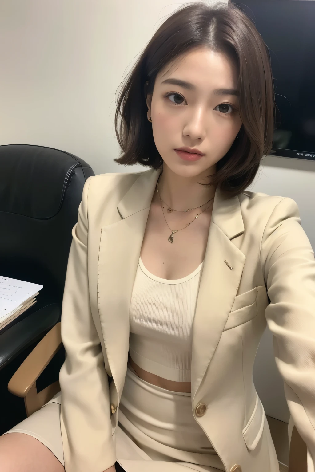 (Highest quality, 8k, 32k, masterpiece, Ultra-high resolution:1.2),Beautiful Japanese Women Photos, One girl, (Medium short dark brown hair), double eyelid, Light beige suit jacket, White tank top, Brown Skirt, Necklace with small charms, Aiuehara sitting in an office chair