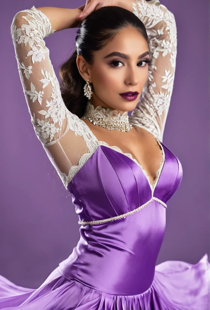 a beautiful Latina female dancer wearing a modern eveningwear top. comfortable and flexible. suitable for a warm evening. Inspired by 19th century French fashion.lace, military. Rich purple silk
