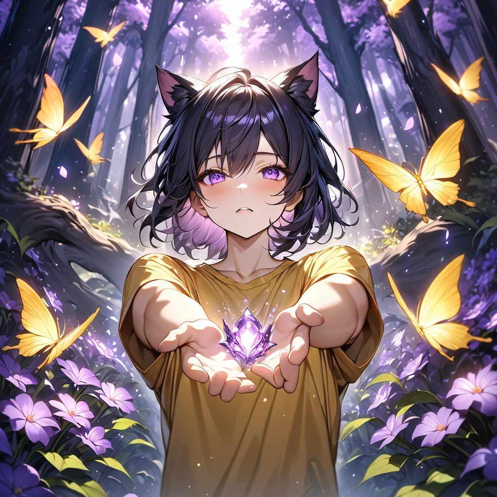 Boy with yellow tshirt, cat ears, forest,purple dark light, absurdres, highres, ultra detailed, HDR, master piece, best quality, black hair, expressive purple eyes, magical, fantasy, shining, purple flowers, blossoms, yellow butterflies, medium shot, reaching out towards only him wrists visible