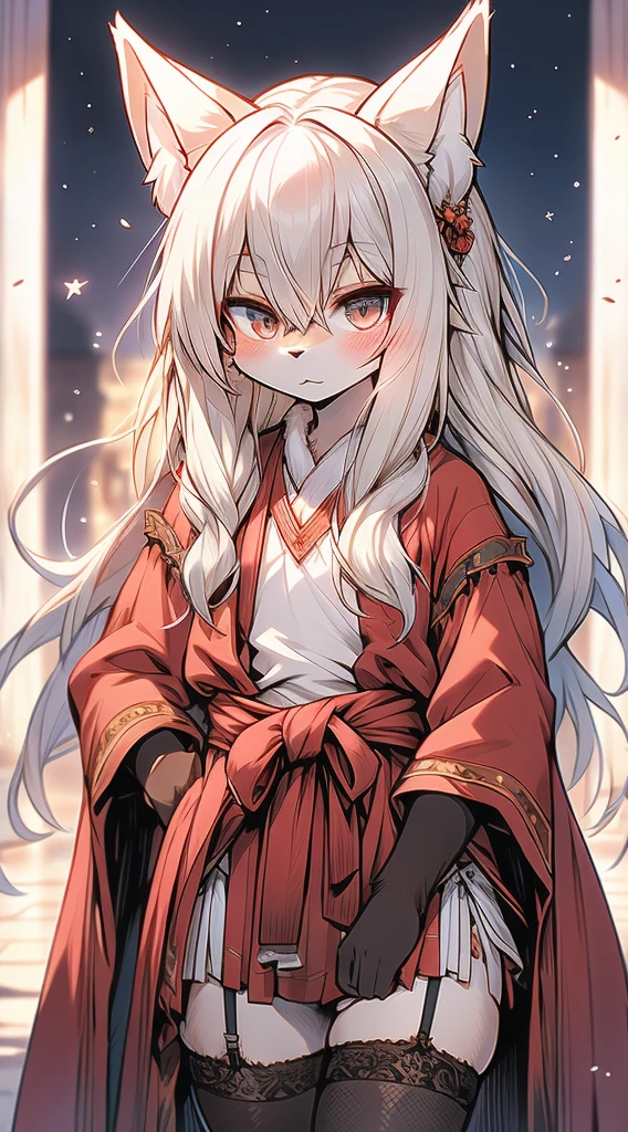 High and cold，Three No，No Expression，cold，cold，Loli，Loli， girl，White hair，No Expression，indifferent女孩，indifferent狐狸女孩，indifferent，White hair，Fox ears，White hair all over the body，Anthropomorphic fox girl，White fox girl，白色丝绸Knee socks，Knee socks，Garter stockings，Short robe，Back of robe，Back of robe，Fantasy style，European style，Western style，Lolita style，Mage Robe，Lace decoration，Lace decoration的袍子和Knee socks，蕾丝Knee socks，白丝Knee socks，Close-up above the waist，Close-up above the waist，No Expression，furry，furry，fuzzy，fuzzy，furry