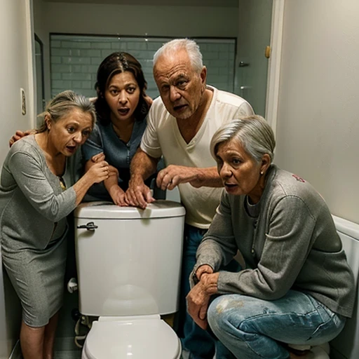A group of different aged fully clothed family members looking at a one toilet with disgust, (old man, old woman, young boy, young girl), all facing a open toilet, disgusted facial expressions, toilet covered with yellow splashes, focus on toilet, white modern bathroom, dirty toilet, pointing at toilet, ultra realistic,