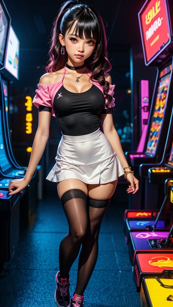 ((masterpiece)), Best Quality, absurderes, ultra-detailliert, Holographic, Cowboy Shot, Dynamic Pose, Golden ratio, Super cute girl, Mature girl, Idol girl, Super beautiful asian girl with very beautiful purple glowing eyes, Beautiful shiny brown multicolored hair, High Ponytail, Nice and sexy body, Slim body, Perfect body, Wearing a super tight anime pattern leotard, Anime Print Super Tight Off Shoulder Short Sleeve Crop Top, Super aesthetic transparent mini jacket, beautiful hair decoration, Pink Jordan Tennis, Being filmed in a dance arcade game