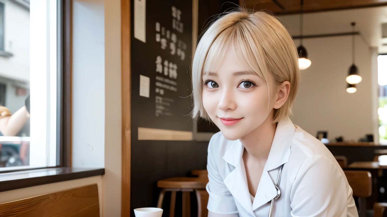 she is a cute nurse、Blonde short hair、Silver Eyes、Big eyes、Cute Smile、Photographed inside the cafe