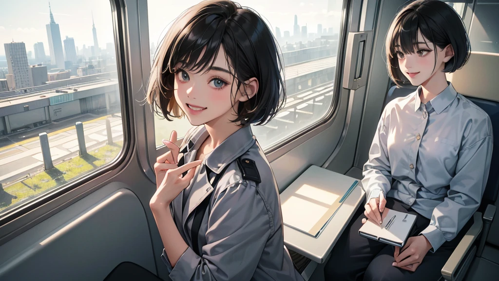(perfect anatomy:1.2)(absurdres, highres, ultra detailed),masterpiece,best quality,high resolution,8k,Realistic face,Realistic skin texture,magnified textures, stunning clarity,detailed anime girl,(ultra detailed eyes and face),21years old,she is office worker,in the train morinig,city.,smile,grin]:1.2,black hair, bob cut,natural make,grey jacket and pants,white brouse,light look at winfows,sparkling eyes.small nose,roundface,She looks happy, have a one smart phone.Clear morning light、in the train