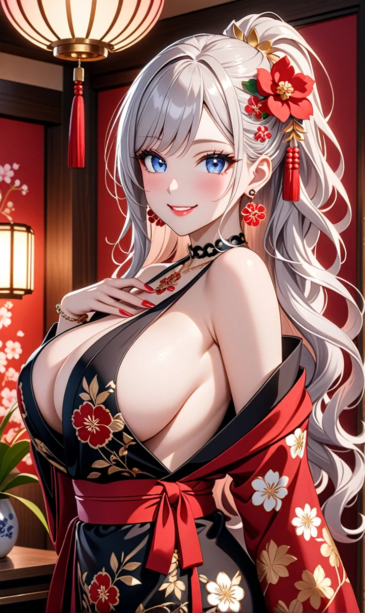 ultra-detailed, ((one girl)), (portrait), (pale skin:1.4), in pastel colors gyaru, (heavy makeup), (professional lighting), hyper detailed, absurdres, 8k, Beautiful Face, (Laugh shyly), ((teasing smile:1.8)), ((Wink:1.5)), (Laugh with your mouth wide open),((Tilt your face:1.6)), View your viewers, ((Bright red cheeks:1.6)),Glossy Red Lips, ((huge breast:1.6)), ((undressing:1.3)), ((pink nipple)), night, I see fireworks, Luxurious Japanese-style room, ((Anime style background)),masterpiece, Highest quality, so beautiful,Latest, Complex details, (Pink long nails), (nail art), (ring),(bracelet), (Floral Choker),AI-generated, Complex,High resolution, Highest quality, super high quality,3D Images、3D Images,One person,Pastel silver long hair,(High Ponytail), (wavy hair:1.5), Pastel anime woman posing for a photo, ((Fine grain、blue eyes、glowing eyes:1.4)), (Squint your eyes:1.1), a hyperRealistic , hyperRealistic , Realistic,Anime woman with long pastel white hair, Smooth anime CG art, A girl in a gorgeous black kimono, ((Black long-sleeved kimono)),(Large red floral pattern), Golden embroidery, (sideboob), Long flower hair ornament,Floral Earrings, Mature Body, tall,Narrow waist, front view, ((upper body)),