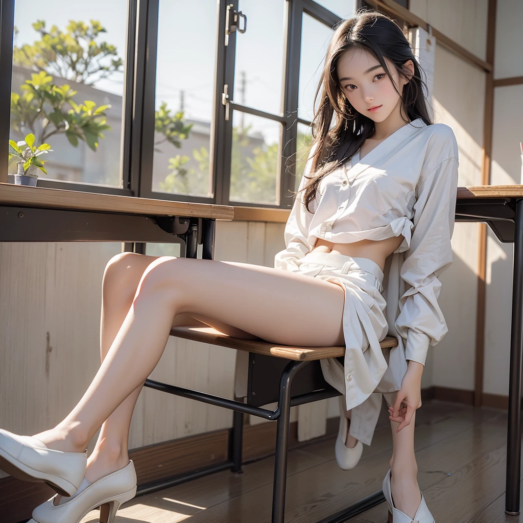 masterpiece，Exceptional image quality，Ultra-high resolution，Beautiful 16 year old girl in Japanese clothes ，sitting at a desk in the classroom，Legs open，In the classroom，evening，Skimpy white panties，Wear smaller leather shoes，Front view