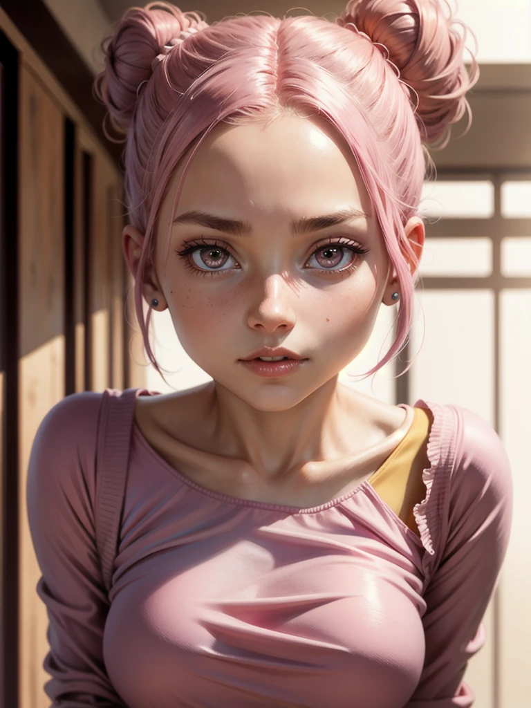 woman, front, hairbun, pink hair, pink eyes