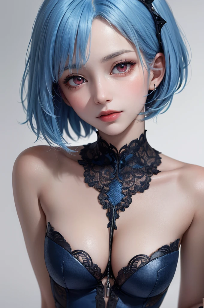 Masterpiece, Best Quality, 8K, Detailed Skin Texture, Detailed Cloth Texture, Beautiful Detail Face, Intricate Detail, Ultra Detailed, Portrait of Rei Ayanami, Blue Hair, Red Eyes, Head Tilt, No Background