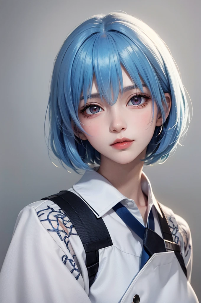 Masterpiece, Best Quality, 8K, Detailed Skin Texture, Detailed Cloth Texture, Beautiful Detail Face, Intricate Detail, Ultra Detailed, Portrait of Rei Ayanami, Blue Hair, Red Eyes, Head Tilt, No Background