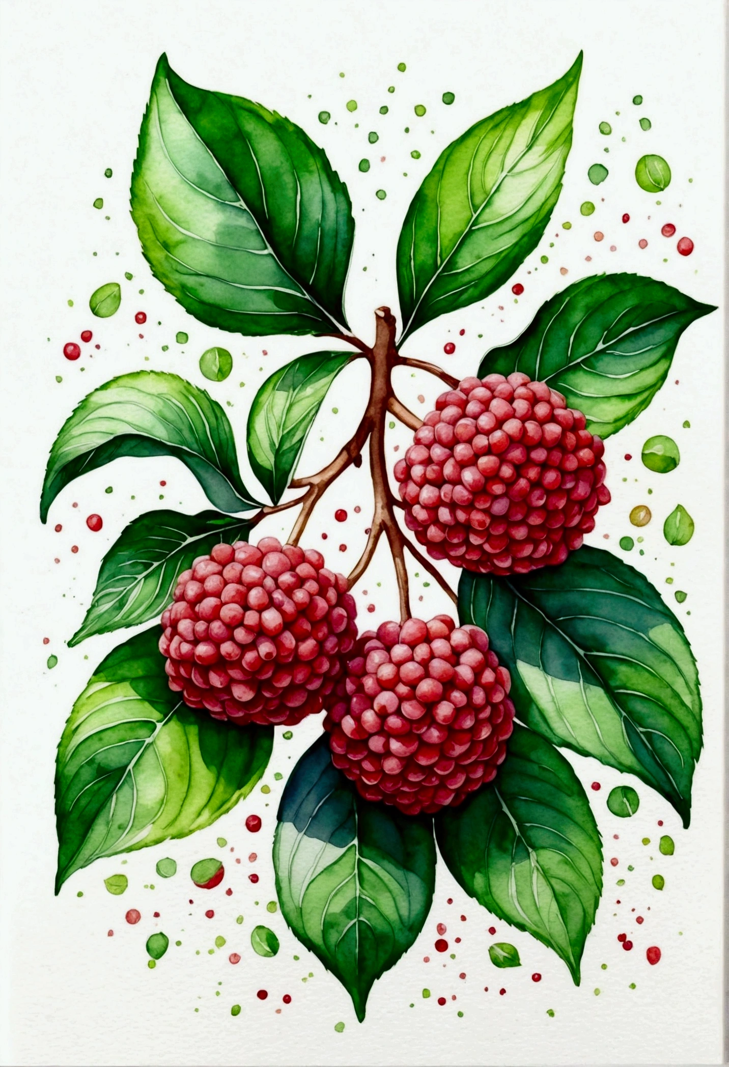 Clean white background,A few lychees,There are green leaves next to it,Watercolor comic style