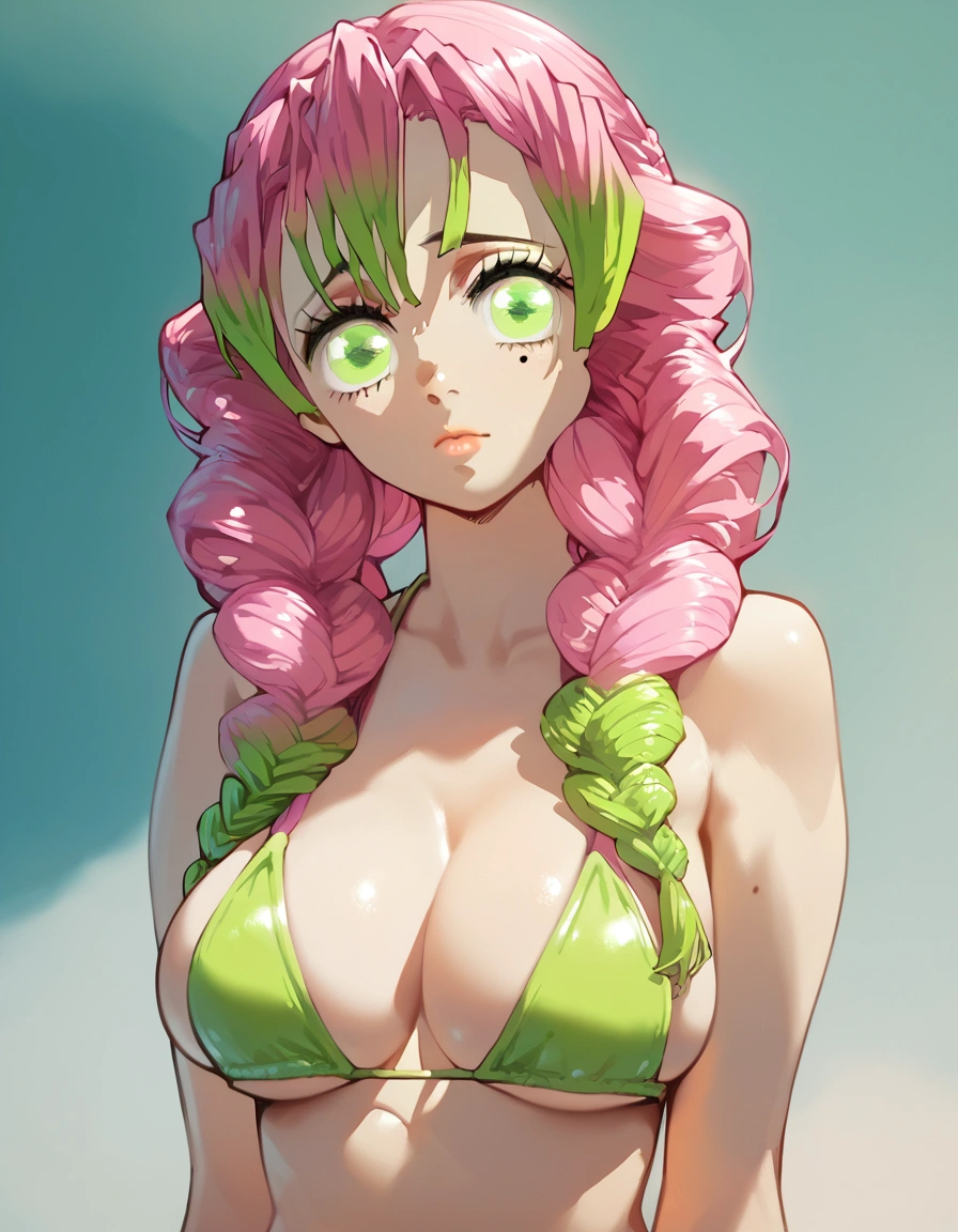 score_9, score_8_up, score_7_up, score_6_up,ChopioMitsuri, long hair, pink hair, green hair, twin braids, multicolored hair, green eyes, eyelashes, mole under eye, looking at viewer, large breasts, bikini, lime bikini, 