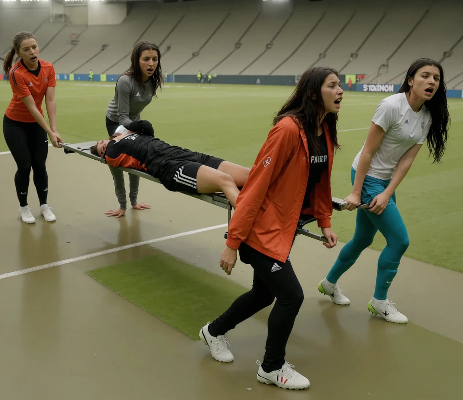 a soccer scene in a sports stadium, cool and wet weather conditions, humide ground, rainy sky, injury scene in a sports stadium, stretcher carry, there are four female medics carrying a stretcher, there are four female medics in very shiny coats who are carrying a stretcher in a sports stadium, there is a wounded male soccer player in a matte short cotton sports outfit lying on the stretcher, an injured male soccer player in matte cotton sportswear is lying in pain on a stretcher, a soccer player in matte cotton sports clothes is rearing up in intense pain while lying on a stretcher, dramatic scene, theatralic posing scene, dramatic pity scene, injury soccer, first aid, help, pity, there are four female medics in wetlook high-shine coats who are looking very sad and very terrified and very shocked, the injured soccer player is screaming out in pain while he is carried from the pitch on a stretcher