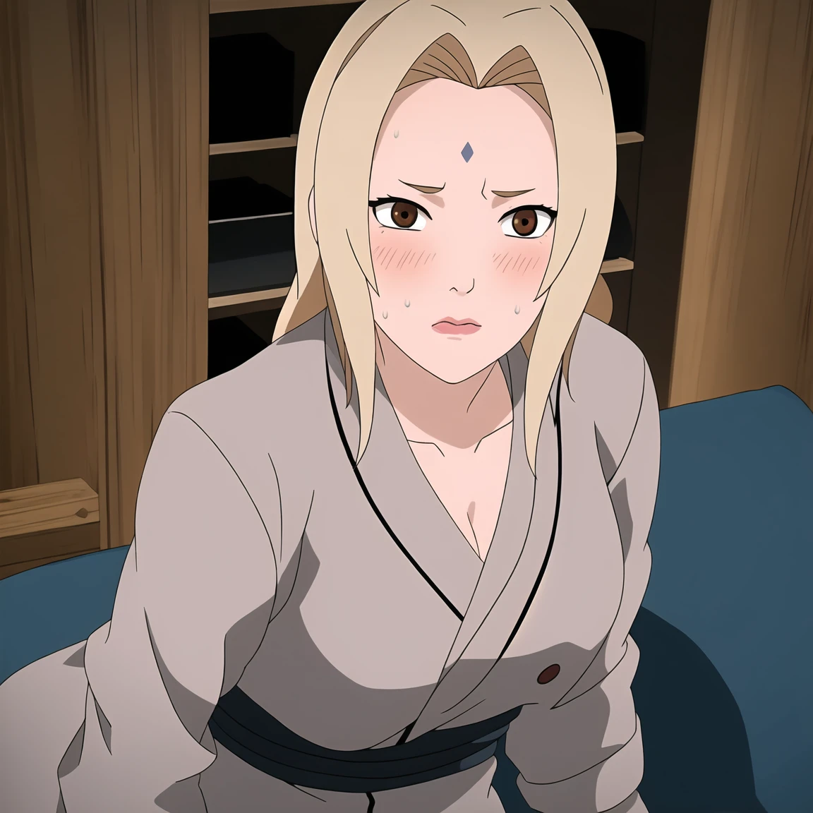 Tsunade , Brown eyes , Blonde Hair , Forehead Mark , (8K, RAW photos, best quality, masterpiece:1.2), (Intricate details), Perfect eyes, Perfect face, Perfect lighting, beautiful, (masterpiece:1.2), (best quality:1.2), 1 Girl, White shirt , Denim shorts , ,((blush,nervous,Vision,classroom,bookshelf,sit on the chair,))masterpiece, absurd , (Intricate details), (Colorful), light, Extremely detailed CG unity 8k wallpaper ,1 Girl, solo,(shy,classroom,night,blush,nervous,Sweating,蕾丝dress, ),sweat,blush,blush1.5,Blush,Medium chest,((dress,Black stockings,)),(dress,Lying in bed,Uncomfortable expression,Mouth open,spit)